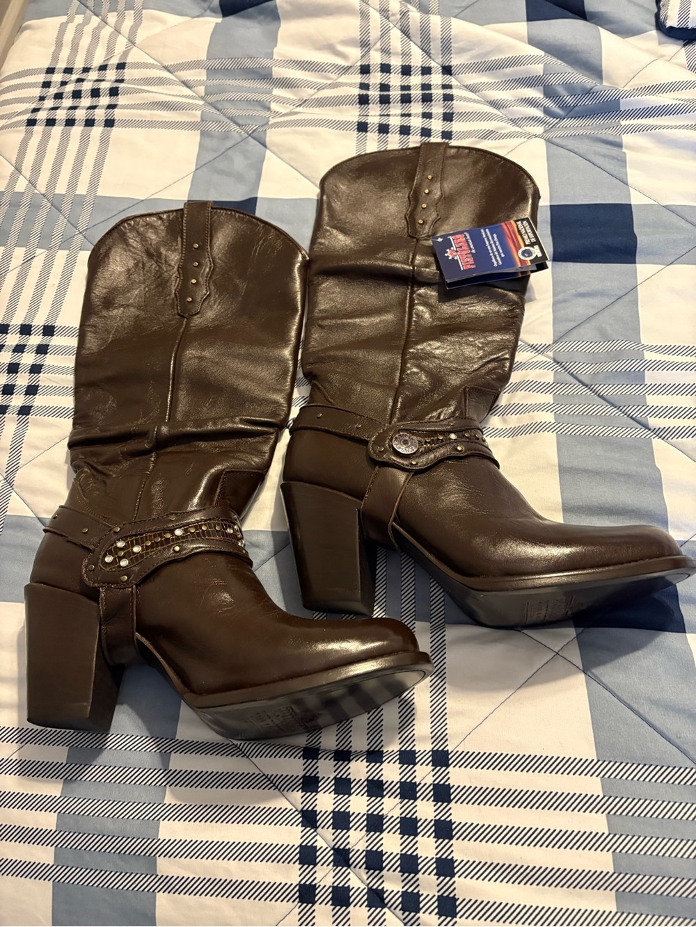 Brown Leather Mid-Calf Heeled Boots with Decorative Stud Strap